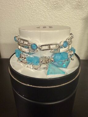 Blue Multi-Row Charm & Bead Bracelet Set